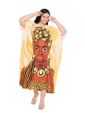 Plus Size African Woman Graphic Print Kaftan Dress Boho Resort Beach Cover Up